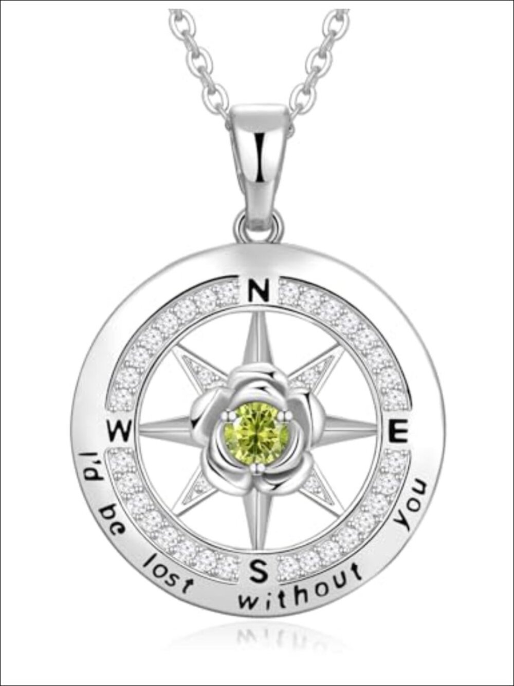 Sterling Silver Compass Necklace 18K White Gold Plated Cubic Zirconia Pendant